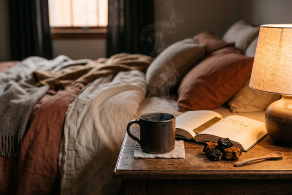 Mug d'infusion de chaga sur une table de chevet le soir, près d'une lampe tamisée et d'un livre