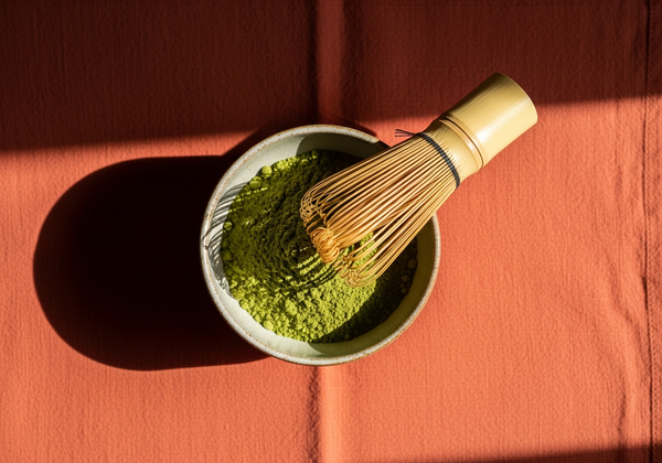 Matcha adaptogène en poudre dans un bol en céramique avec fouet en bambou, vue de dessus