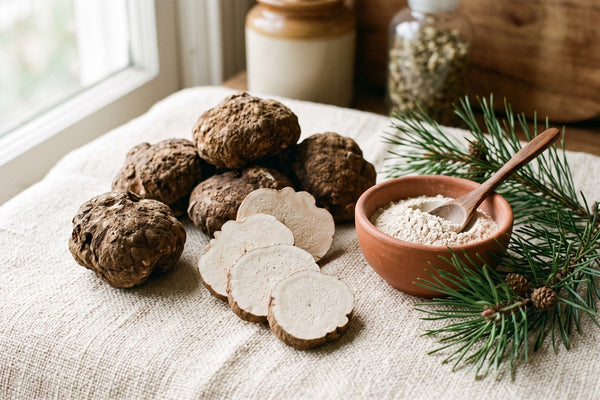 Sclérotes de poria cocos (Fu Ling) entiers et en tranches avec un bol de poudre et un brin de pin