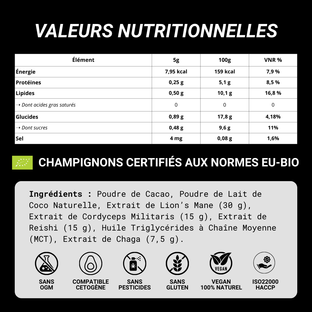 Cacao Mushee - Ingrédients naturels et champignons médicinaux